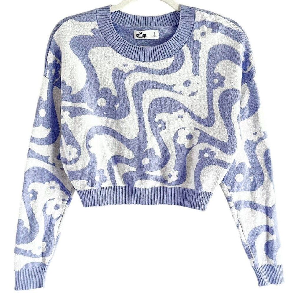 Hollister Cropped Pullover Sweater Top Hippie Floral Purple Lavender White S